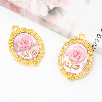 樹脂チャーム 絵画風 バラ ローズ フラワー 花 アンティーク風 1カン 約21×31mm（1ヶ）