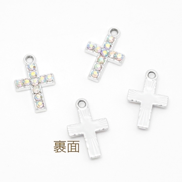 クロスチャーム クロス 十字架モチーフ オーロラカラーラインストーン付き カン付き 合金製 約10×16mm（4ヶ）