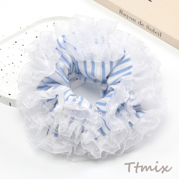 シュシュ ストライプ柄レース付き 上品 可愛い ヘアゴム ヘアアクセサリー 髪留め 髪飾り（1ヶ）