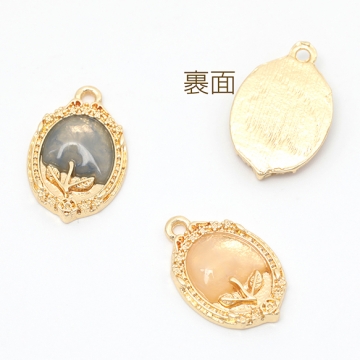 樹脂チャーム 合金製 オーバル フラワー 花 額入り メタルチャーム 約12×18mm（2ヶ）