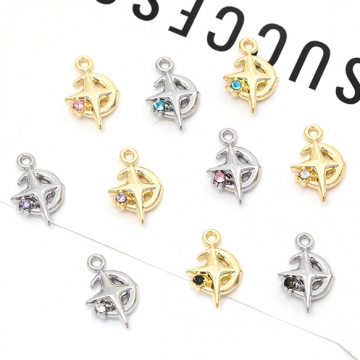 メタルチャーム 星＆月 石付き ペンダントパーツ 合金製 約11×16mm（4ヶ）