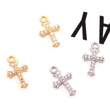 ジルコニアチャーム 銅製 クロス 十字架 ラインストーン メタルチャーム 約7×12mm（2ヶ）