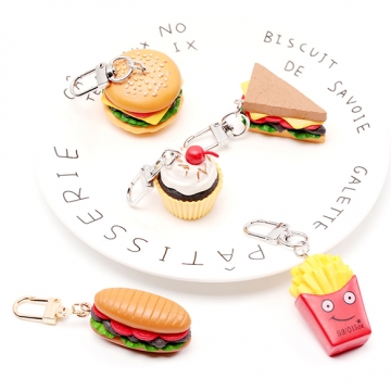 食品サンプルキーホルダー ゴールド ファストフード ハンバーガー ポテト ミニチュアフード リアル 約2.5×8cm（1ヶ）