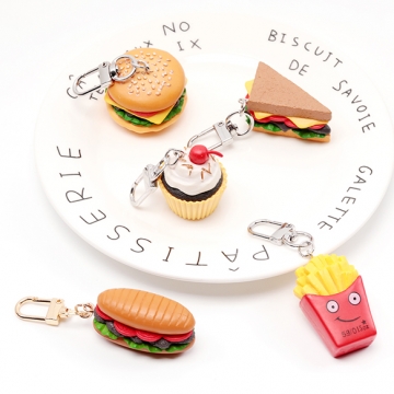 食品サンプルキーホルダー ゴールド ファストフード ハンバーガー ポテト ミニチュアフード リアル 約2.5×8cm（1ヶ）