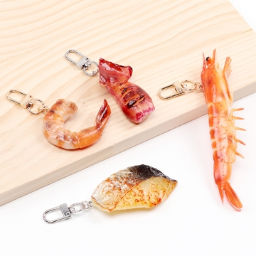食品サンプルキーホルダー 焼き鮭 鮭切り身 鮭チャーム えび 焼きいか ミニチュアフード 約4.5×10cm（1ヶ）