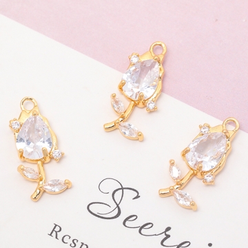 ガラスチャーム チューリップ ストーン付き お花 フラワー メタルチャーム 約9×21mm（1ヶ）