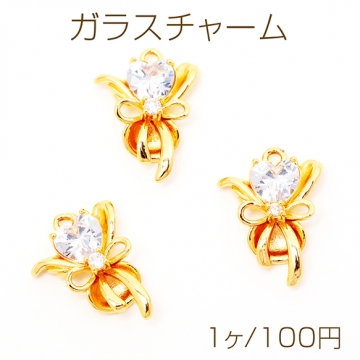 ガラスチャーム ブーケ ハート ストーン付き お花 花束 フラワー メタルチャーム 約15×21mm（1ヶ）