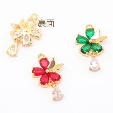 ガラスチャーム フラワー 蝶々 揺れるしずく ストーン付き 可愛い メタルチャーム 約14×23mm（1ヶ）