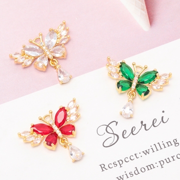 ガラスチャーム フラワー 羽ばたく蝶々 揺れるしずく ストーン付き 可憐 メタルチャーム 約20×23mm（1ヶ）