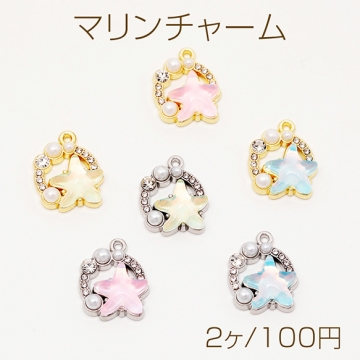 マリンチャーム ヒトデ 海 キラキラ ABSパール ラインストーン付き メタルチャーム 約13×17mm（2ヶ）