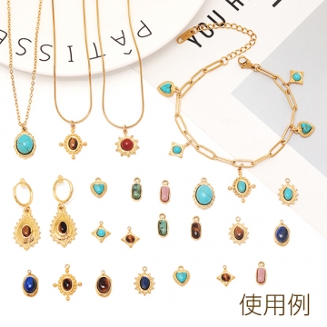 ステンレス製天然石チャーム しずく タイガーアイ 半貴石 電気メッキ加工 SUS304 メタルチャーム（1ヶ）