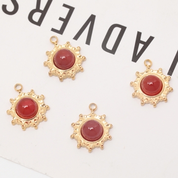 ステンレス製天然石チャーム 太陽 レッドアゲート 半貴石 電気メッキ加工 SUS304 メタルチャーム（1ヶ）