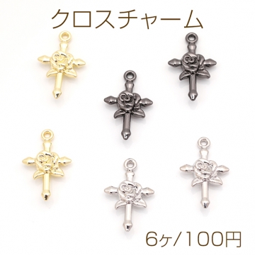 クロスチャーム 十字架 バラ 薔薇 ローズ メタルチャーム 約11×18mm（6ヶ）