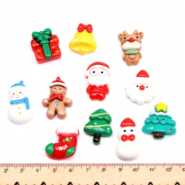 樹脂貼付けパーツ クリスマス ツリー 雪だるま サンタクロース カボション デコパーツ 貼り付けパーツ ランダム（10ヶ）