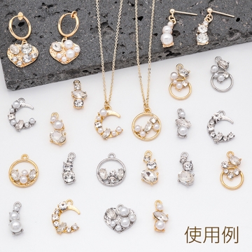 ガラスチャーム ラウンド キラキラ パール・ストーン付き フレームチャーム メタルチャーム 約14×18mm（2ヶ）