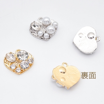 ガラスチャーム ハート型 キラキラ パール・ストーン付き メタルチャーム 約14×15mm（2ヶ）