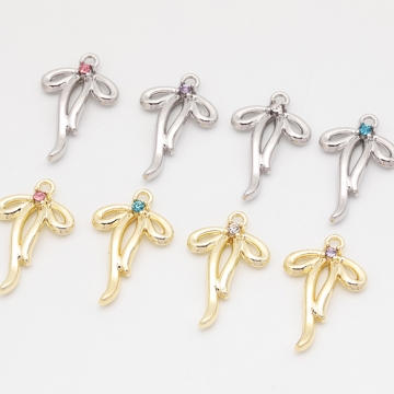 リボンチャーム 細め リボン カラフル ストーン付き 立体 メタルチャーム 約17×27mm（4ヶ）