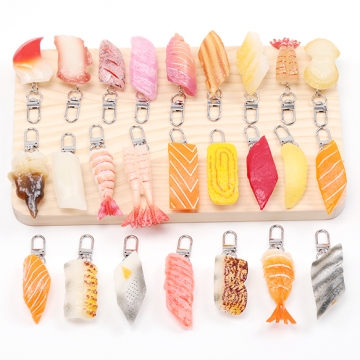 食品サンプルキーホルダー 寿司キーホルダー 貝 えび 玉子 サーモン マグロ タコ いか 穴子 約3.4×10cm（1ヶ）