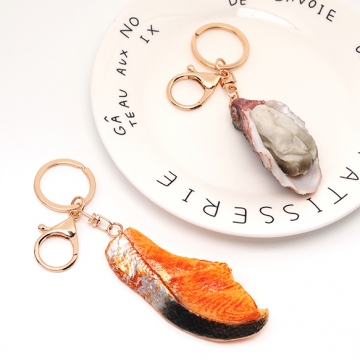 食品サンプルキーホルダー 焼き鮭 牡蠣 焼き魚 生ガキ 海鮮 食べ物 ミニチュア 全2種（1ヶ）