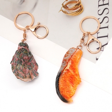 食品サンプルキーホルダー 焼き鮭 牡蠣 焼き魚 生ガキ 海鮮 食べ物 ミニチュア 全2種（1ヶ）