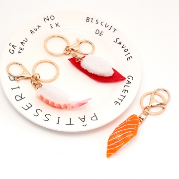 食品サンプルキーホルダー エビ サーモン マグロ 海老 鮭 鮪 にぎり寿司 食べ物 ミニチュア 全3種（1ヶ）