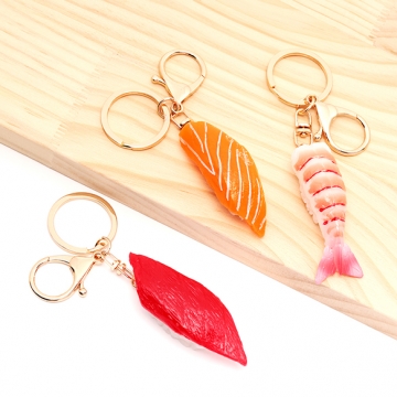 食品サンプルキーホルダー エビ サーモン マグロ 海老 鮭 鮪 にぎり寿司 食べ物 ミニチュア 全3種（1ヶ）