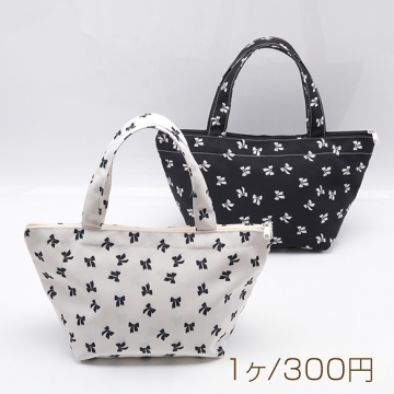 トートバッグ チャック付き リボン柄 舟形 手さげカバン マチあり キャンバス かばん 約15×20×35cm（1ヶ）