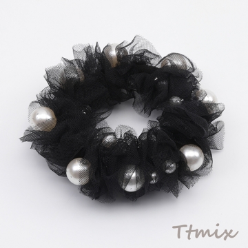 シュシュ ABSパール付き レース ブラック 髪飾り 髪留め ヘアアクセサリー（1ヶ）※サービス品のため返品不可