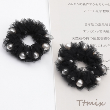 シュシュ ABSパール付き レース ブラック 髪飾り 髪留め ヘアアクセサリー（1ヶ）※サービス品のため返品不可