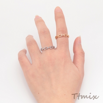 デザインリング 角丸スクエア チェーン風 オープンリング ゴールド/ロジウムカラー 16号内径約18mm(幅約4mm)（2ヶ）