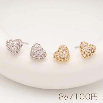 デザインピアス ハート ラインストーン ジルコニア キャッチ鉄製 メタルピアス 約5.5×6mm（2ヶ）