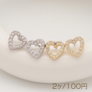 デザインピアス ハート ラインストーン ジルコニア ストーン付き キャッチ鉄製 メタルピアス 約7×7mm（2ヶ）