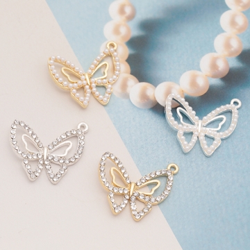 蝶チャーム ちょうちょ 蝶々 バタフライ ジルコニア ラインストーン/ABSパール メタルチャーム 約21×24mm（4ヶ）