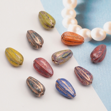 チェコ調ガラスビーズ かぼちゃ型 ドロップメロン チェコガラス風 アンティーク風 カラーランダム 約8×13mm（10ヶ）