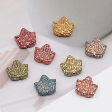 チェコ調ガラスビーズ カエデの葉 リーフ チェコガラス風 アンティーク風 カラーランダム 約12×13mm（10ヶ）