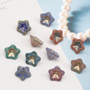 チェコ調ガラスビーズ お花 フラワー 立体 チェコガラス風 アンティーク風 カラーランダム 約7×13mm（10ヶ）