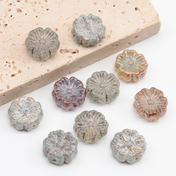 チェコ調ガラスビーズ お花 花形 フラワービーズ チェコガラス風 アンティーク風 カラーランダム 約14mm（8ヶ）