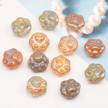 チェコ調ガラスビーズ にくきゅう 肉球 イヌ ネコ チェコガラス風 アンティーク風 カラーランダム 約13×15mm（10ヶ）