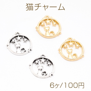 猫チャーム 後ろ姿のネコ 夜空 星空 アニマル フレームチャーム 動物チャーム メタルチャーム 約16×17mm（6ヶ）