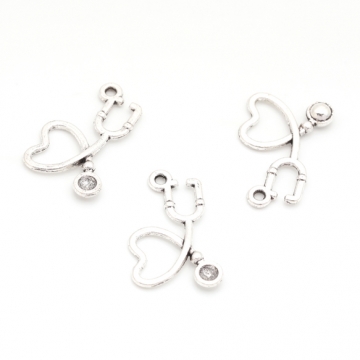 聴診器チャーム ストーン付き ハート ドクター ナース ミニチュア メタルチャーム 約14×21mm（6ヶ）