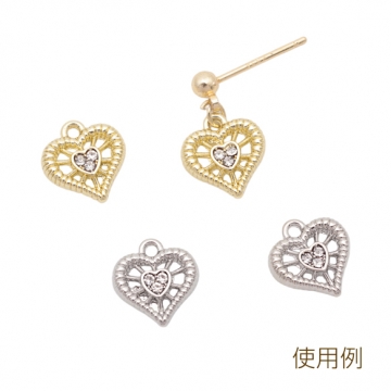 ハートチャーム ラインストーン付き 1カン付き 半面 メタルチャーム 約9×10mm（4ヶ）