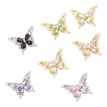蝶チャーム ちょうちょ カラフル ストーン付き 蝶々 バタフライ 半面 立体 メタルチャーム 約16×20mm（2ヶ）