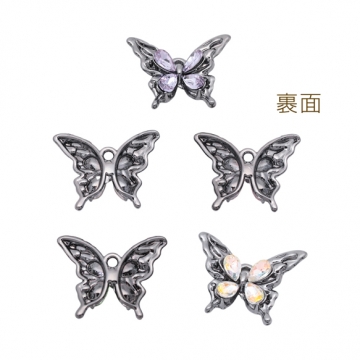 蝶チャーム ちょうちょ メタルブラック ストーン付き 蝶々 バタフライ 半面 立体 メタルチャーム 約16×20mm（2ヶ）