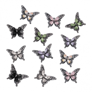 蝶チャーム ちょうちょ メタルブラック ストーン付き 蝶々 バタフライ 半面 立体 メタルチャーム 約16×20mm（2ヶ）