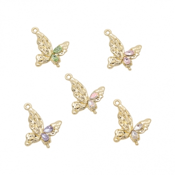 蝶チャーム ちょうちょ 片面 カラフル ストーン付き 蝶々 バタフライ メタルチャーム 約15×24mm（2ヶ）