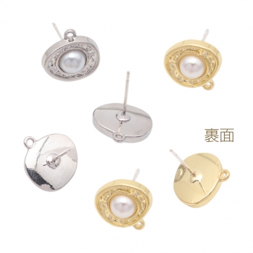 デザインピアス カン付き 不規則オーバル パール付き スタッドピアス メタルピアス 約13×17mm（2ヶ）
