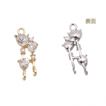 コネクターチャーム ABSパール＆ハートのストーン付き 2カン付き 接続金具 連結 メタルチャーム 約8×23mm（1ヶ）