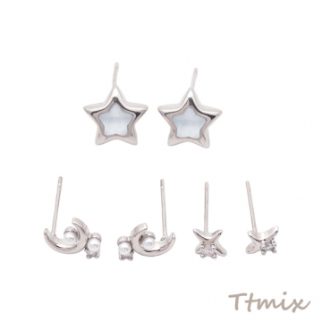 デザインピアス スター 星 三日月 宇宙 メタルピアス スタッドピアス 全3種（1セット）