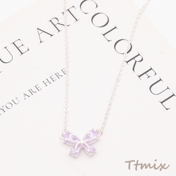 ネックレス リボン 蝶々結び パープル ストーン付き シルバーカラー 約10×14mm（1本）