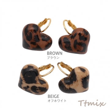デザインイヤリング ハート型 ヒョウ柄 レオパルド柄 フープピアス メタルピアス 約17×19mm（1ペア）